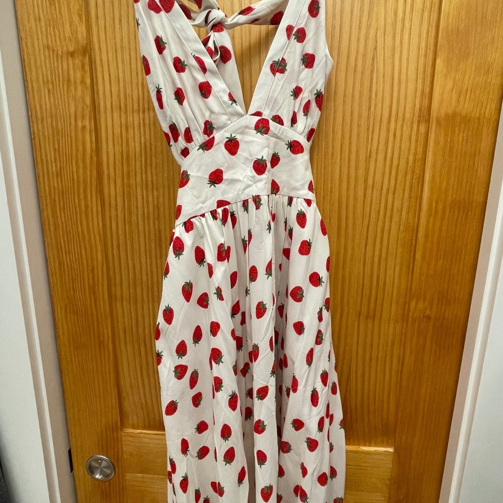 Yumi Kim White Midi Dress with Red Strawberry Print